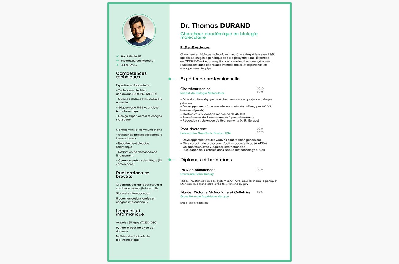 Exemple de CV d'un chercheur académique en biologie moléculaire